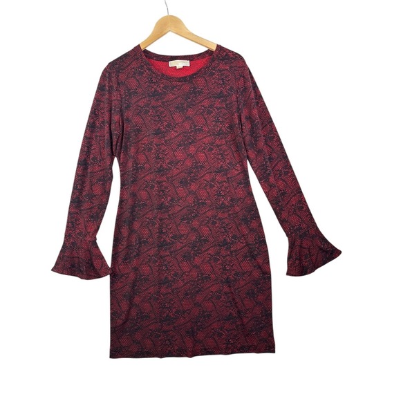 Michael Kors Flora Mesh‎ Flounce Bell Sleeve Dress size Large Red/Black - Picture 1 of 7
